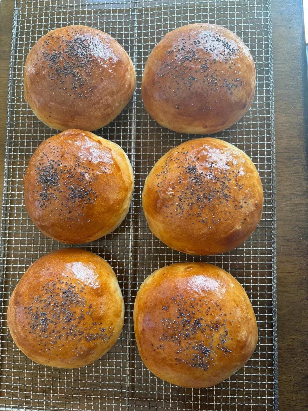 Poppyseed-topped buns on a rack