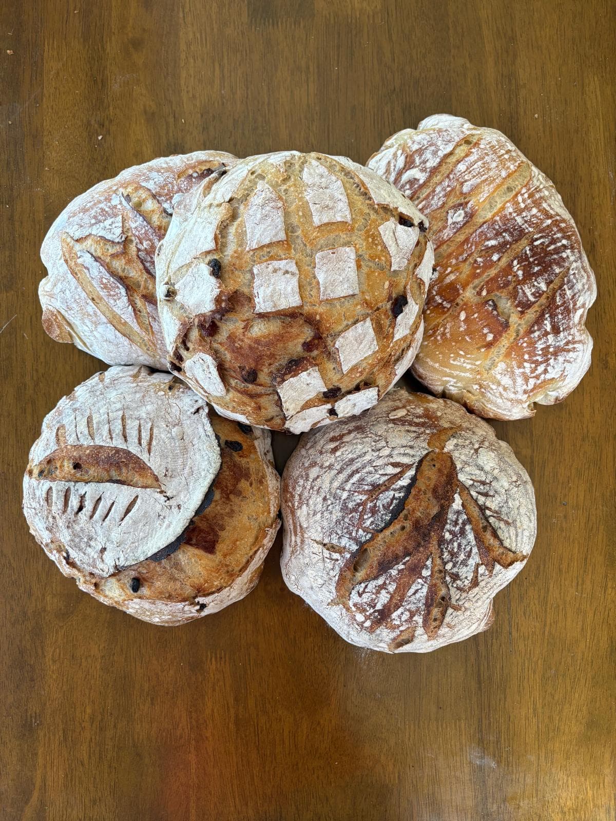 Freshly baked, hand-scored sourdough loaves